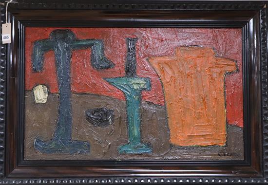 In the manner of C. Venard, oil on board, Still life, signed, 47 x 78cm
